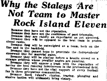Argus Makes its Case why Staleys Can't Win - Rock Island Argus 10/16/1920