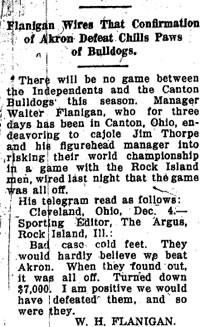 Canton refuses to play Independents for Pro Football Championship - Argus 12-5-1919