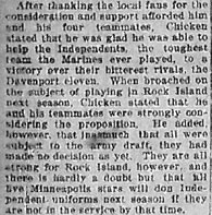 Chick on playing with Rock Island for the first time and his thoughts on playing with them in the future. 12/4/1917